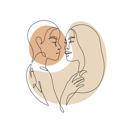 Abstract lesbian couple line art drawing. LGBT lesbian homosexual family. Women kissing, hugging, mixed race partners. Continuous line vector illustration for love moments happiness concept, pride dayのイラスト素材