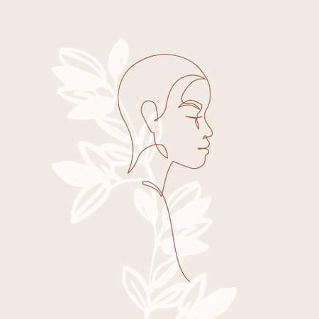 Abstract black woman profile in modern one line style. Boyish afro girl continuous line simple drawing on floral background. Vector fashion illustration. Black woman face. Minimalist Face.のイラスト素材