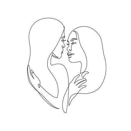 Abstract lesbian couple line art drawing. LGBT lesbian homosexual family. Women kissing, hugging isolated on white background Continuous line vector illustration for love happiness concept, pride dayのイラスト素材