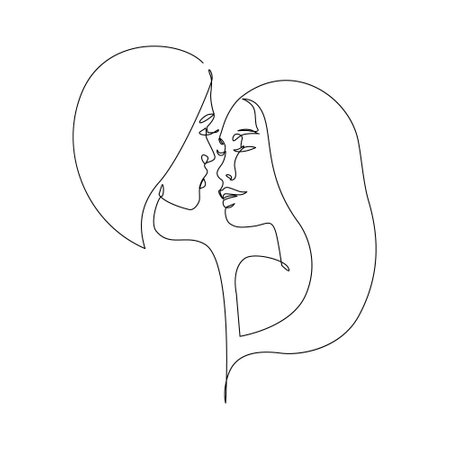 Abstract lesbian couple line art drawing. LGBT lesbian homosexual family. Women kissing, hugging isolated on white background Continuous line vector illustration for love happiness concept, pride dayのイラスト素材