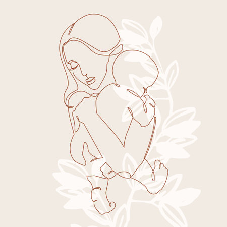 Woman holding baby minimal one line art. Mother and child. Young mom hugging baby on floral background. Vector illustration for Happy International Mother's Day card, loving family, parenthood conceptのイラスト素材