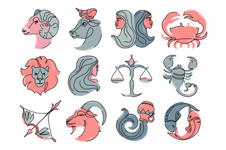 Astrological zodiac signs vector illustration. Horoscope symbols, icons set: aries taurus gemini cancer leo virgo libra scorpio sagittarius capricorn aquarius pisces. Astrology logo, calendar printのイラスト素材