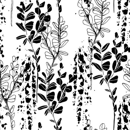 Abstract paint brush strokes and plant twig silhouettes seamless pattern. Vector rough textured brushstroke painted stripes, florals background. Hand drawn illustration for wrapping paper, fabricのイラスト素材
