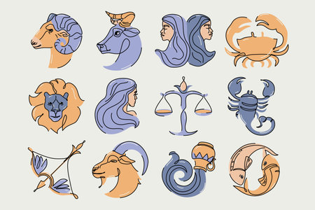 Astrological zodiac signs vector illustration. Horoscope symbols, icons set: aries taurus gemini cancer leo virgo libra scorpio sagittarius capricorn aquarius pisces. Astrology logo, calendar printのイラスト素材
