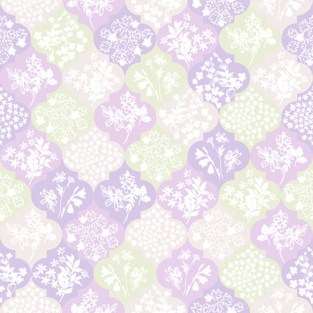 Abstract moroccan geometric seamless pattern with flower, twigs, leaves silhouettes. Colorful floral background in patchwork style. Hand drawn vector illustration for wallpaper, textile, fabric designのイラスト素材