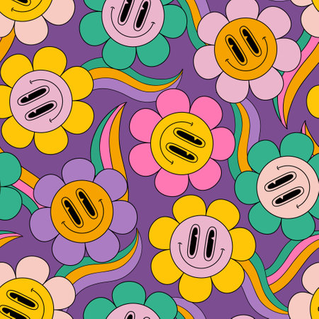 Abstract smiling flower face funny rainbows seamless pattern in 70s hippie style. Daisy blossom on rainbow background. Cartoon happy smiling flowers art illustration for retro vintage wallpaper designのイラスト素材