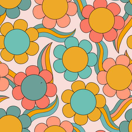 Abstract simple flower seamless pattern in 70s hippie style. Big daisy blossom background. Floral ornament. Cartoon flowers art illustration for retro vintage wallpaper design.のイラスト素材