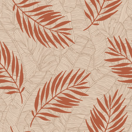 Tropical nature seamless pattern. Hand drawn palm leaves silhouettes and banana line art of background Vector art illustration for summer design, floral prints, wallpaper, textile, fabricのイラスト素材