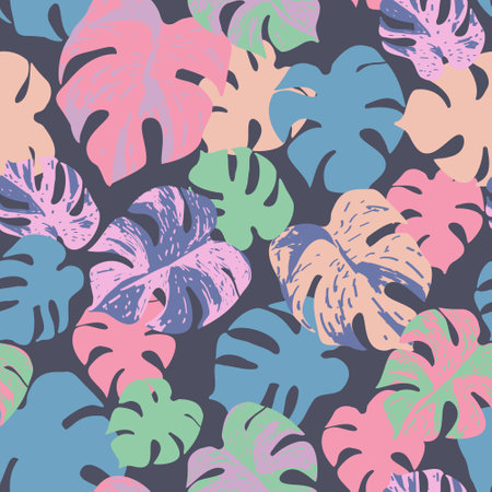 Grunge textured tropical leaves seamless pattern. Vector background with monstera plant, hand drawn texture in retro colors. Tropic illustration for summer design, floral prints, wallpaperのイラスト素材