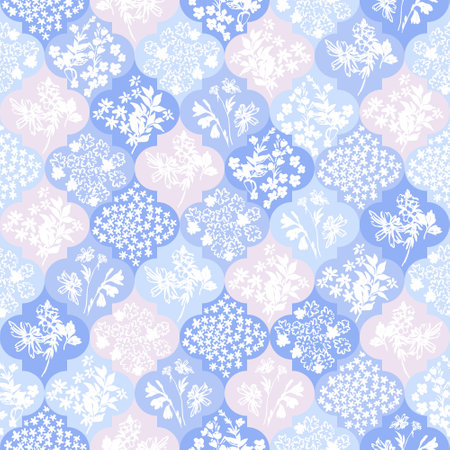 Abstract moroccan geometric seamless pattern with flower, twigs, leaves silhouettes. Blue floral background in patchwork style. Hand drawn vector illustration for wallpaper, textile, fabric designのイラスト素材