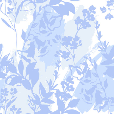 Flowers silhouettes and rough grunge shapes seamless pattern. Blue pastel colored floral background. Hand drawn botanical illustration for wallpaper, textile, fabric, spring designのイラスト素材
