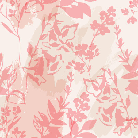 Flowers silhouettes and rough grunge shapes seamless pattern. Blue pastel colored floral background. Hand drawn botanical illustration for wallpaper, textile, fabric, spring designのイラスト素材