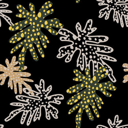 Doodle grunge textured tropical leaves seamless pattern. Vector background with multicolored tropics leaves, hand drawn dotted texture. Tropic illustration for summer design, floral prints, wallpaperのイラスト素材