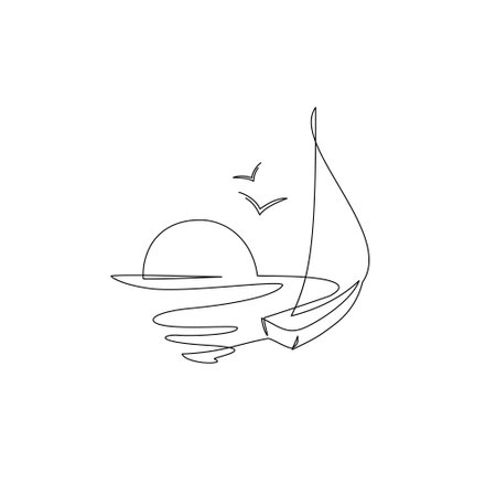 Abstract continuous line drawing of yacht sailing on sea during sunset. Simple one line nature illustration. Vector sunset wallpaper for minimal poster, template, adventure illustrationのイラスト素材