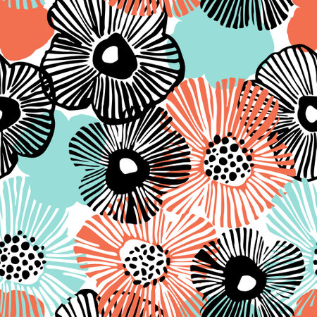 Abstract simple flowers print. Bold daisy flowers and dotted doodle texture background. Trendy collage seamless pattern for fashion design, floral prints, wallpaperのイラスト素材