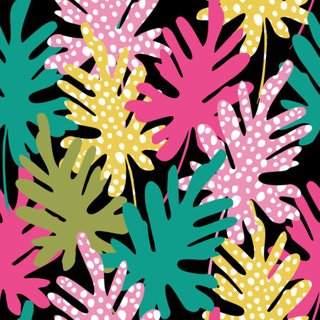 Doodle grunge textured tropical leaves seamless pattern. Vector background with multicolored tropics leaves, hand drawn dotted texture. Tropic illustration for summer design, floral prints, wallpaperのイラスト素材