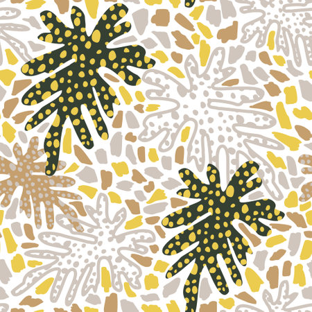 Abstract foliage seamless pattern: tropical leaves, doodle brush strokes. Exotic floral silhouettes, outlines, hand drawn texture background. Botanical vector illustration for summer design, printsのイラスト素材