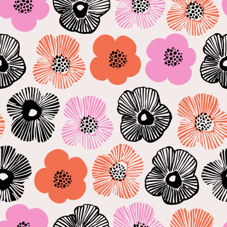 Abstract simple flowers in a row print. Bold daisy flowers and dotted doodle texture background. Trendy collage seamless pattern for fashion design, floral prints, wallpaperのイラスト素材