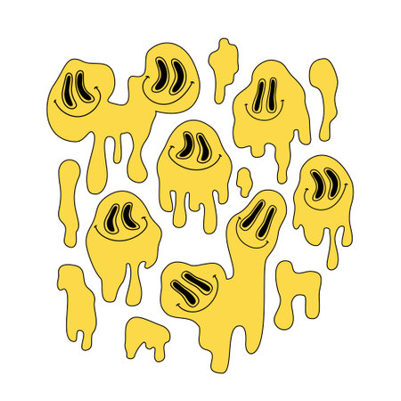 Comic dripping smiling faces set in pop art, graffiti style. Smiling character paint drips stains drops. Melting organic shapes print. Distorted faces, groovy vibes. Hippie vector illustration designのイラスト素材