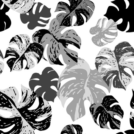 Grunge textured tropical leaves seamless pattern. Vector background with monstera plant, hand drawn texture in retro colors. Tropic illustration for summer design, floral prints, wallpaperのイラスト素材