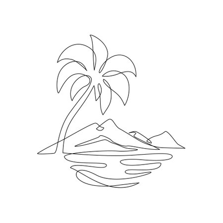 Tropics oasis island line drawing. Abstract tropical landscape continuous art line with mountains, sea, coconut palm tree. Vector nature wallpaper for minimal poster, templateのイラスト素材