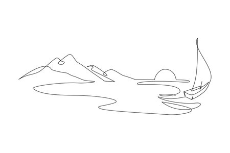 Abstract continuous line drawing of yacht sailing on sea during sunset. Simple one line nature illustration. Vector sunset wallpaper for minimal poster, template, adventure illustrationのイラスト素材