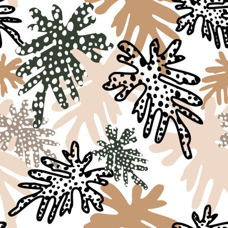 Doodle grunge textured tropical leaves seamless pattern. Vector background with multicolored tropics leaves, hand drawn dotted texture. Tropic illustration for summer design, floral prints, wallpaperのイラスト素材
