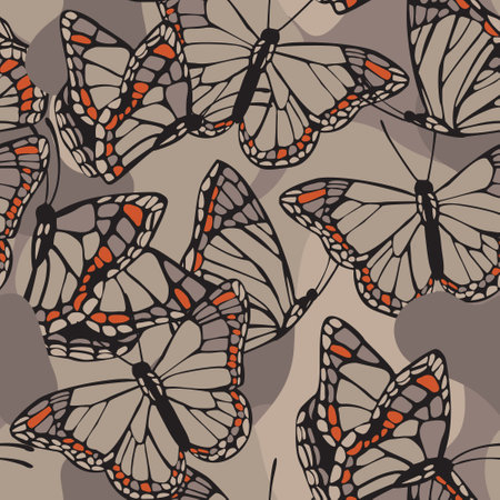 Beautiful butterflies seamless pattern. Flying insects on geometric background. Butterfly silhouettes on wavy fluid shapes. Hand drawn modern vector illustration for textile, fabric, wallpaperのイラスト素材