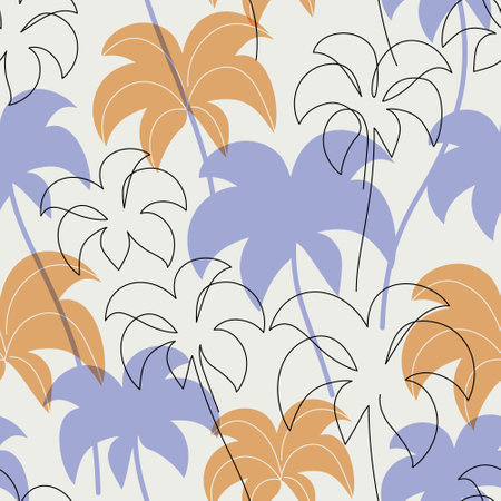 Tropics oasis island line drawing seamless pattern. Abstract tropical background with coconut palm tree continuous art, silhouette. Vector nature illustration for minimal wallpaper, textile, fabricのイラスト素材