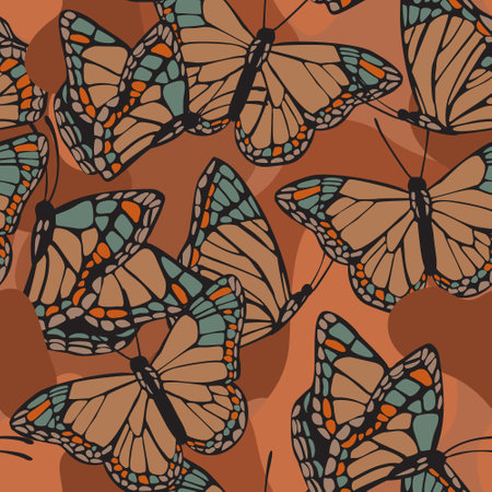 Beautiful butterflies seamless pattern. Flying insects on geometric background. Butterfly silhouettes on wavy fluid shapes. Hand drawn modern vector illustration for textile, fabric, wallpaperのイラスト素材