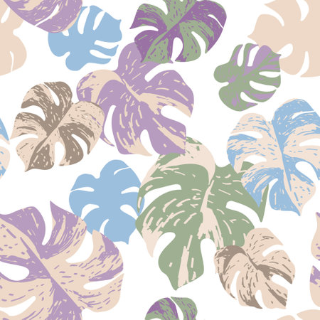 Grunge textured tropical leaves seamless pattern. Vector background with monstera plant, hand drawn texture in retro colors. Tropic illustration for summer design, floral prints, wallpaperのイラスト素材