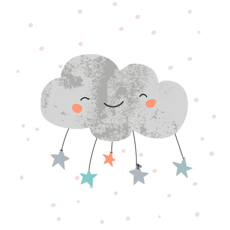 Cute smiling cloud, starry sky, doodle background. Night dream Illustration of kind cloud and stars. Artistic nursery hand drawn illustration in scandinavian color styleのイラスト素材