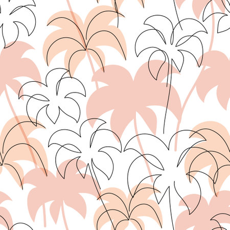 Tropics oasis island line drawing seamless pattern. Abstract tropical background with coconut palm tree continuous art, silhouette. Vector nature illustration for minimal wallpaper, textile, fabricのイラスト素材