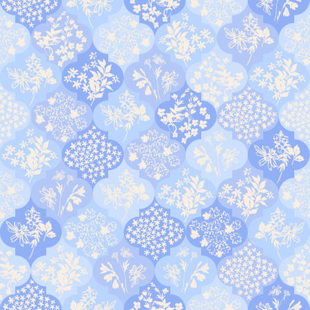 Abstract moroccan geometric seamless pattern with flower, twigs, leaves silhouettes. Blue floral background in patchwork style. Hand drawn vector illustration for wallpaper, textile, fabric designのイラスト素材