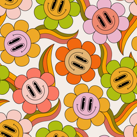 Abstract smiling flower face funny rainbows seamless pattern in 70s hippie style. Daisy blossom on rainbow background. Cartoon happy smiling flowers art illustration for retro vintage wallpaper designのイラスト素材