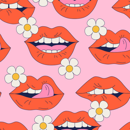 Comic female lips background in pop art, psychedelic hippie retro style. Abstract mouth with flowers, sensual lips, positive emotions seamless pattern. Vector illustration for Valentine's day designのイラスト素材