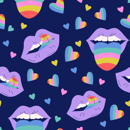Comic female lips, rainbow colored tongue, hearts seamless pattern. LGBTQ pride month concept. Abstract colorful cartoon background. Vector art for textile, fabric, t-shirt print, wallpaperのイラスト素材