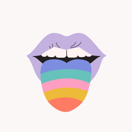 Comic female lips with rainbow colored tongue. LGBTQ tolerance, Pride month concept. Abstract colorful cartoon mouth isolated on white background. Vector art for banner, poster, sticker, t-shirt printのイラスト素材