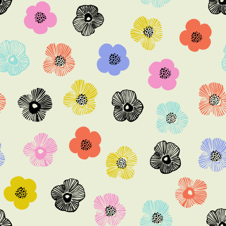 Abstract simple flowers print. Colorful daisy flowers and dotted doodle texture background. Trendy collage seamless pattern for fashion design, floral prints, wallpaperのイラスト素材
