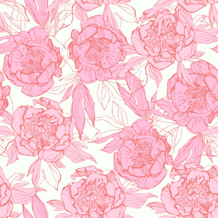 Line sketch peonies seamless pattern. Peony flowers background in silhouette, line art. Hand drawn vector floral illustration for wallpaper, wrapping, textile, fabric. Abstract graphic floralsのイラスト素材