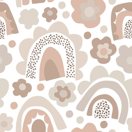 Funky bold rainbow print in pastel colors. Abstract daisy flower, minimal doodle rainbows seamless pattern. Decorative kids background. Vector art illustration for wrapping, textile, fabric, wallpaperのイラスト素材