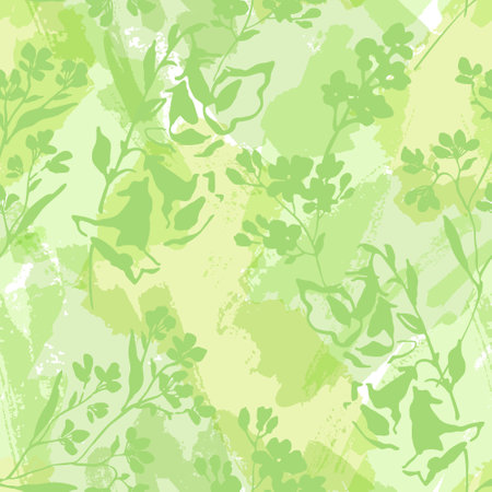 Abstract watercolor seamless pattern in green colors. Hand drawn flowers silhouettes grunge textures, brush strokes background. Vector art illustration for wallpaper, textile, fabric, spring designのイラスト素材