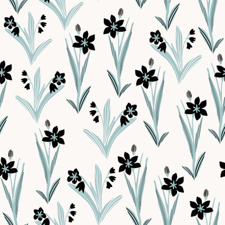 Abstract floral graphic seamless pattern. Meadow flowers silhouettes background. Small wildflowers repeat. Vector botanical illustration for spring design, wallpaper, wrapping, textile, fabricのイラスト素材