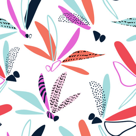 Abstract dragonfly seamless pattern. Colorful flying insects with line doodle texture Graphic dragonflies background for kids wallpaper, nursery textile, spring print design Modern vector illustrationのイラスト素材