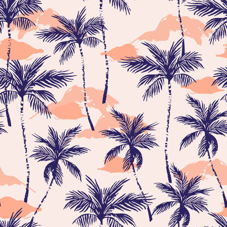 Abstract paradise island seamless pattern. Tropics background with sea, exotic islands, palm trees silhouettes, grunge brush stroke texture. Hand drawn vector art illustration for summer designのイラスト素材