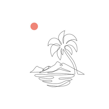 Oasis island line drawing with coconut palm tree, sunset or sunrise. Abstract tropical landscape with mountains, sea, palm tree. Vector sunset wallpaper for minimal poster, templateのイラスト素材