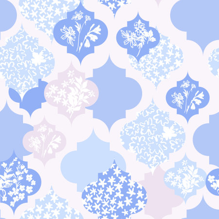 Abstract moroccan geometric seamless pattern with flower, twigs, leaves silhouettes. Blue floral background in patchwork style. Hand drawn vector illustration for wallpaper, textile, fabric designのイラスト素材