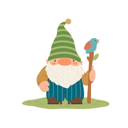 Garden gnome illustration. Cute gnome or dwarf holding stick and bird on a lawn isolated on white background. Cartoon fairytale character. Flat vector art for childish poster, card, nursery designのイラスト素材