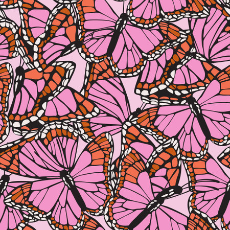Beautiful butterfly wings seamless pattern. Gorgeous exotic pink colored insect on monochrome background. Hand drawn butterflies vector illustration for textile, fabric, wallpaper, print designsのイラスト素材