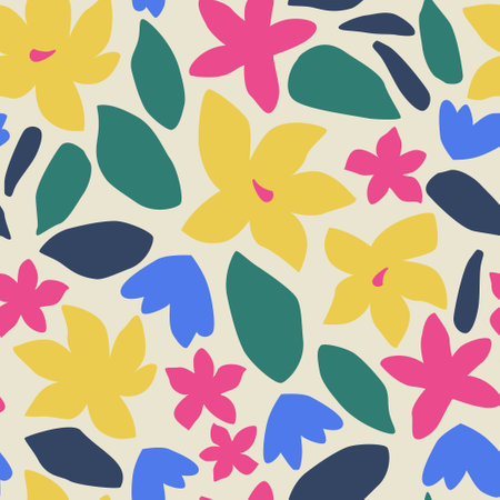 Abstract modern flowers bloom seamless pattern. Trendy floral illustration boho hippie styles. Cute organic flower shapes, leaves background. Natural wallpaper for wall decor. Vector spring art designのイラスト素材